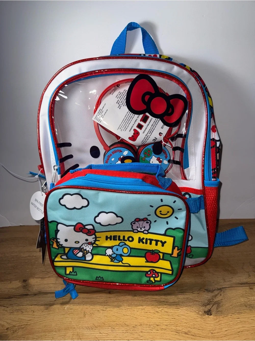NWT 4 Piece Hello Kitty Backpack with Water Bottle Headphones & Lunch Bag